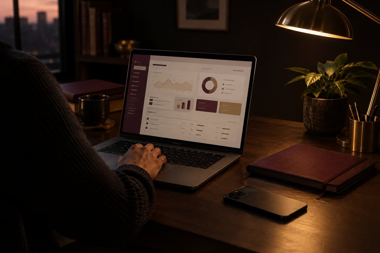 A professional working on a laptop at a desk in the evening