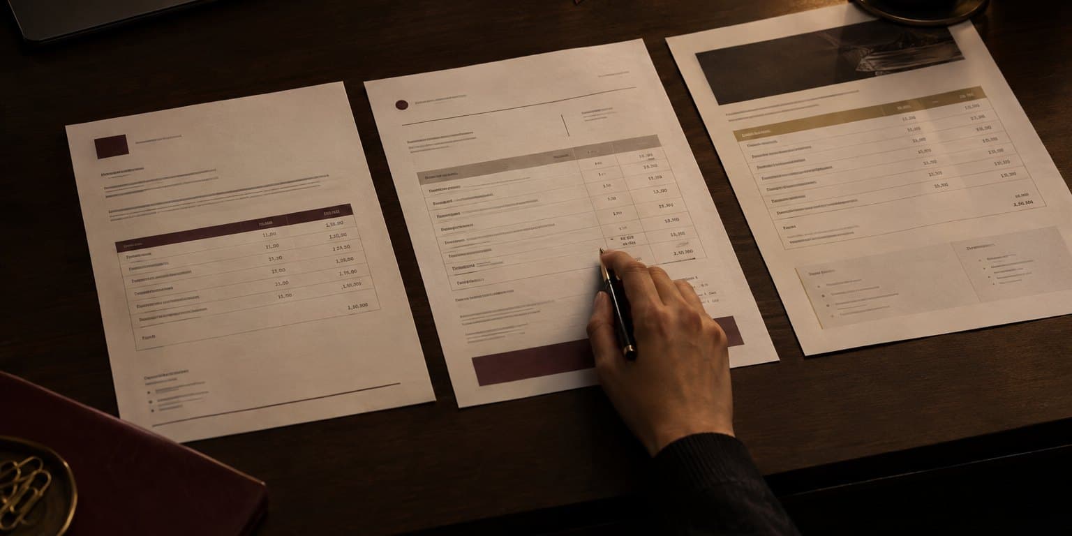 Three printed quotes laid side by side on a desk, with a hand comparing them